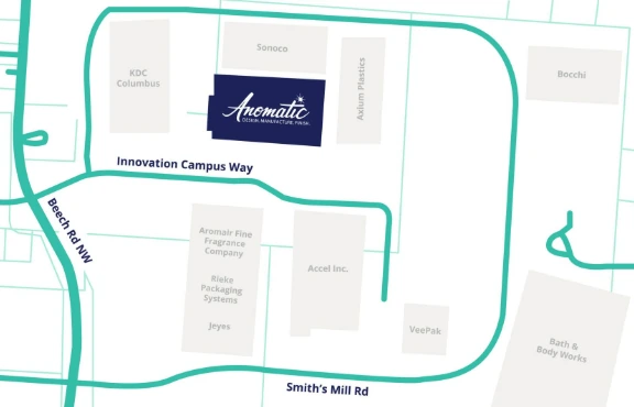 Map of the New Albany Health and Beauty Park campus, with Anomatic on Innovation Campus Way