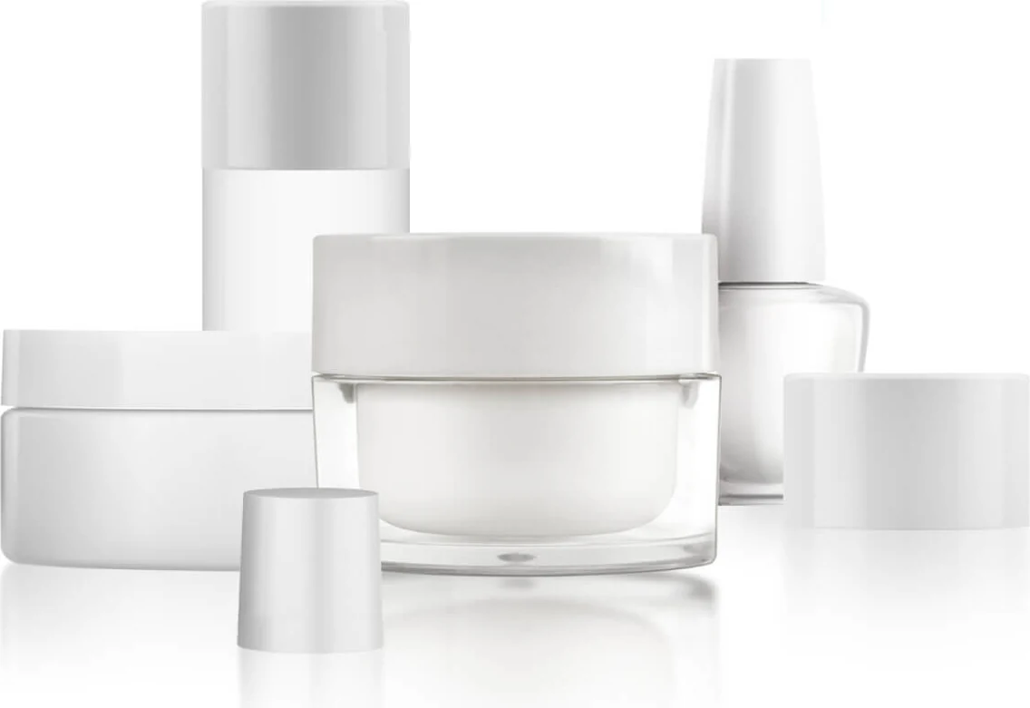Injection-molded resin jars, bottles and caps for cosmetics packaging