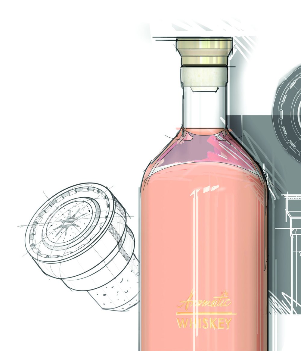 Rendered whiskey bottle with an Anomatic closure over a technical drawing